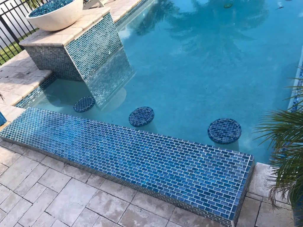 Blue glass tile accent wall