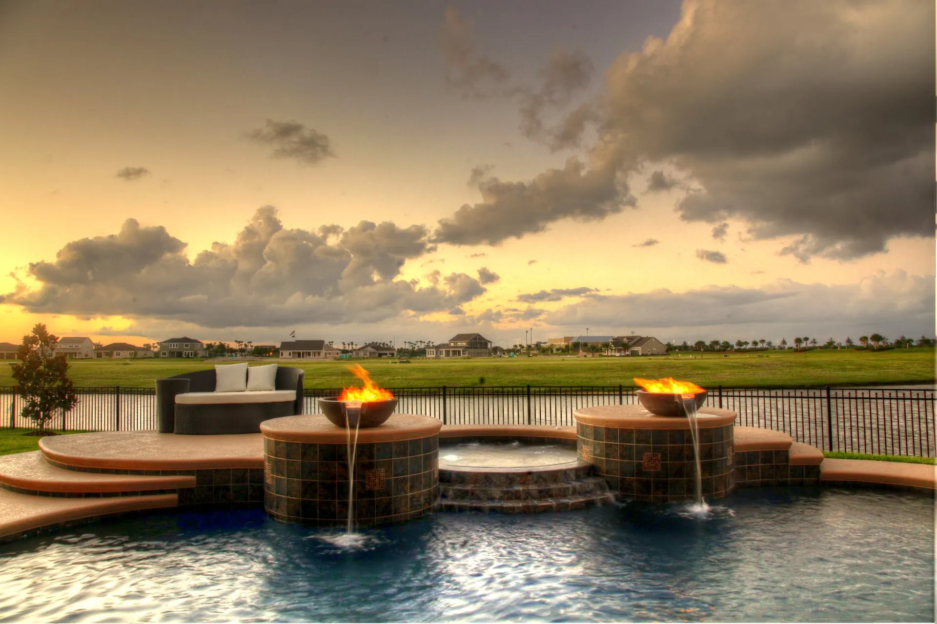 Fire bowls at sunset